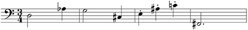 D, A-flat, G, C-sharp, E, A-sharp, C, F-sharp are the first 8 pitch classes of a tone row in the bass clef on a 5-line staff